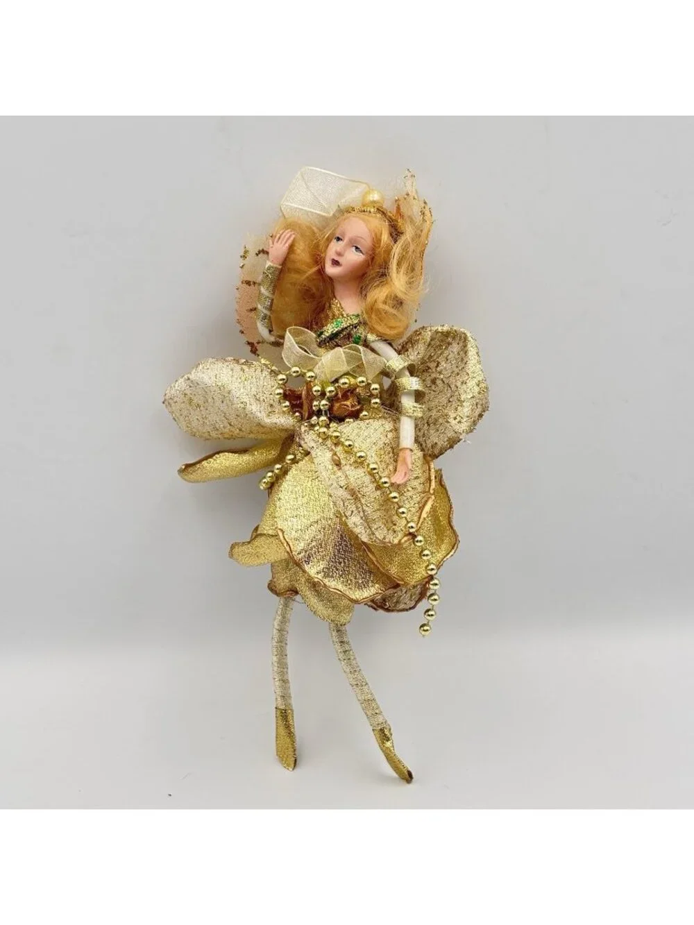 Vintage Porcelain Fairy Lady Gold Green Christmas Ornament Pearls Beads 8 in